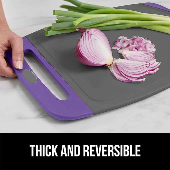 GORILLA GRIP BPA-Free Reversible Kitchen Cutting Board Set of 3, US Designed, Nonporous, Juice Grooves Catch Liquid, Slip Resistant Border, Dishwasher Safe, Durable Food Chopping Boards, Purple Gray