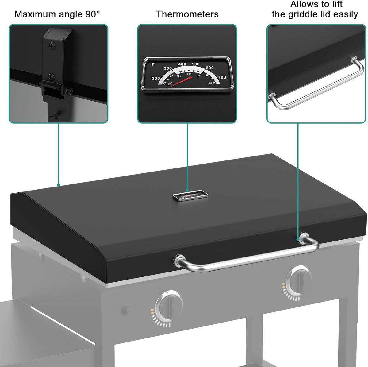 Upgraded Griddle Hinged Lid for 28" Blackstone 1517, 1853, 1605, 1803, 1839, 1856, 1885, 1924, 1983, 2094, 2137, 2145, Hard Cover with Thermometer and Cover for Blackstone 28 Inch Griddle Accessories