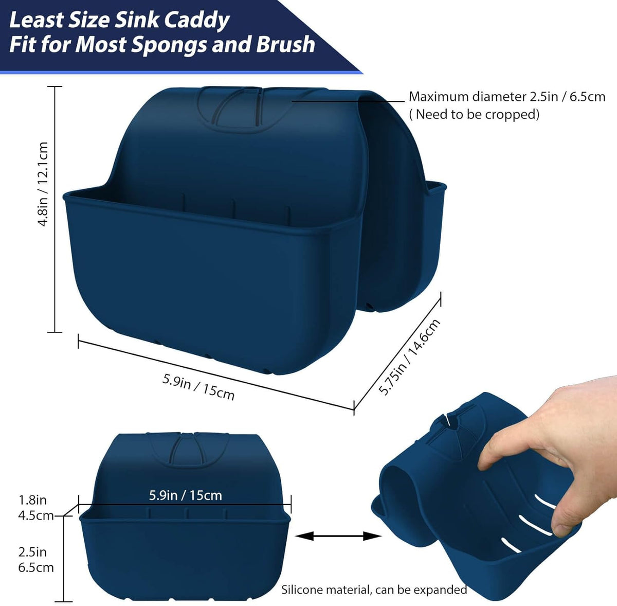 Sponge Holder for Kitchen Sink, Silicone Sink Saddle Caddy Organizer Rack, Sponges Holder Over Faucet, Hanging Kitchen Organizer Accessories Rack Basket Navy Blue