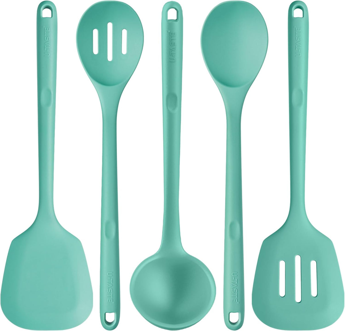600ºF Heat Resistant Kitchen Utensil: U-Taste 13.6" Extra Long Silicone Cooking Tools Set, Food-Grade Non-Stick Solid and Slotted Turner Spatula, Mixing Spoon, and Soup Ladle (5 Pieces, Aqua Sky)