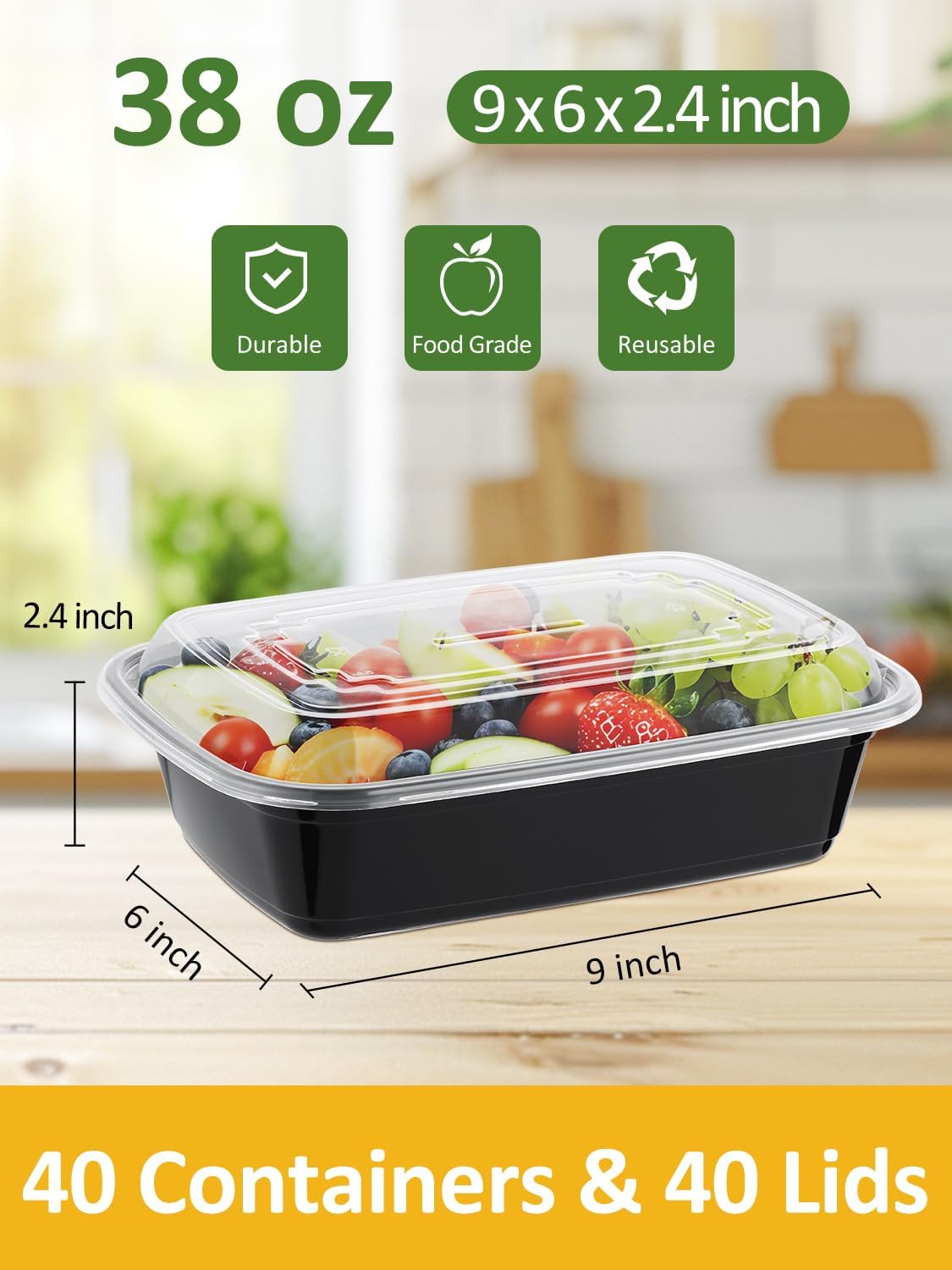 40 Sets 38oz Meal Prep Container - Reusable Plastic Food Storage Containers with Lids, Fits Microwave, Freezer and Dishwasher Safe