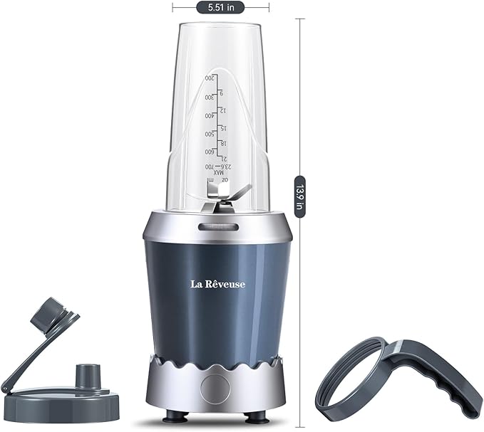 La Reveuse Personal Size Smoothie Blender Pro, 1000W High Speed with 24oz To-Go Cup, Ideal for Smoothies,Protein Shakes, Frozen Drinks, Food Prep, Gray