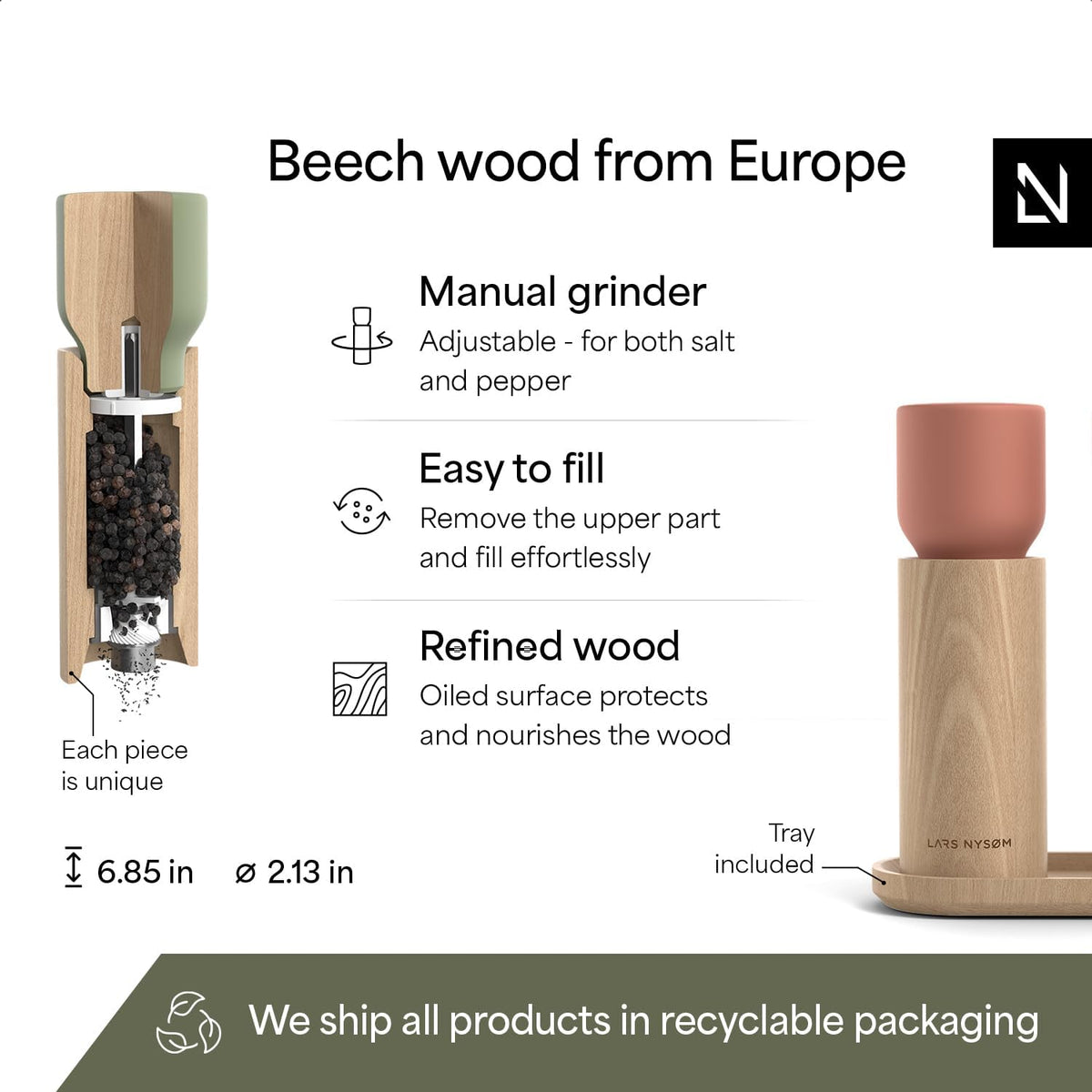 LARS NYSØM Wooden Salt and Pepper Grinder Set Manual with Tray - Salt and Pepper Mills with Adjustable Ceramic Grinder - Elegant Beechwood Pepper and Salt Mill Set for Dining Table (Red/Green)