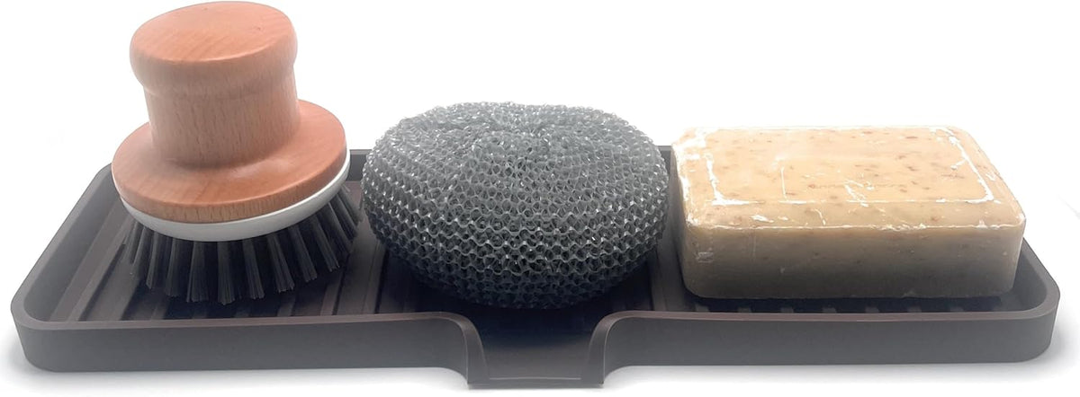 Happitasa Silicone Soap Dish Tray and Sponge Holder with Drain Chute | Bathroom and Kitchen Sink Organizer Caddy (Dark Chocolate, 12"x4", 7.4 Ounces)