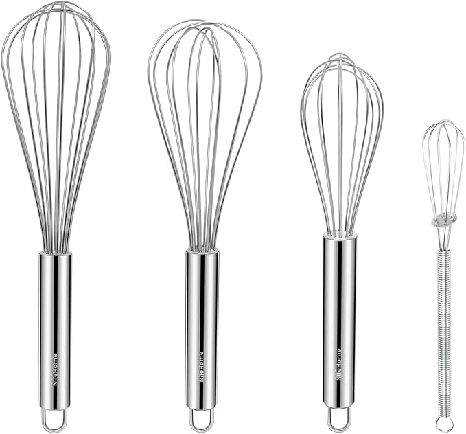 NileHome Stainless Steel Whisk Set 8" 10" 12" Kitchen Whisk Kitchen Wisk Wire Whisks for Cooking, Whisking, Blending, Beating, Stirring-4 Pack