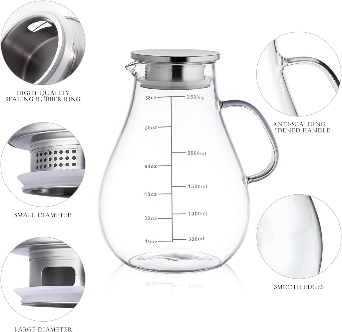 Glass Pitcher with Lid,88 Ounces -2500ml with Precise Scale Line, Hot/Cold Water Jug, Juice and Iced Tea Beverage Carafe with Lid