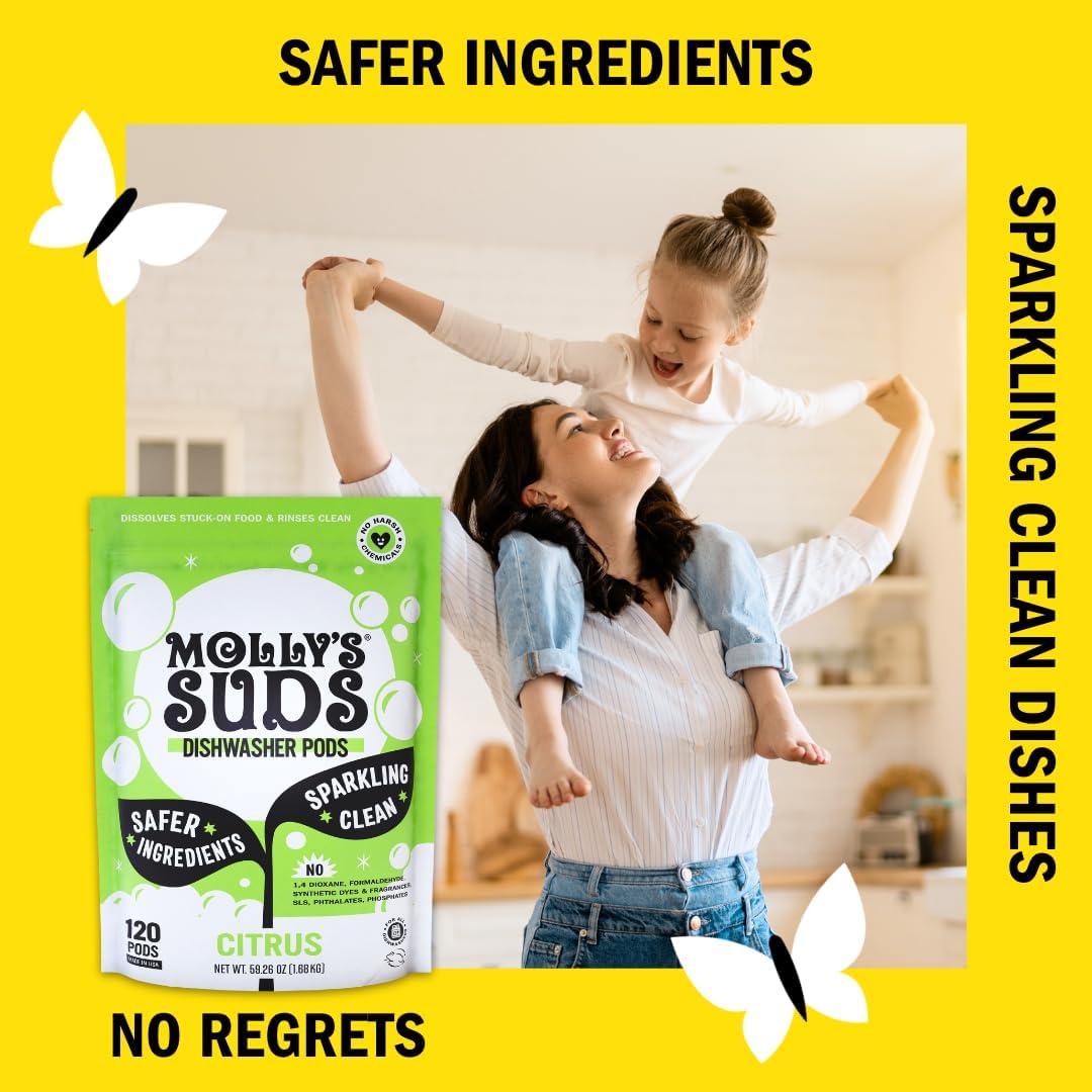 Molly's Suds Dishwasher Pods | Clean Dishwasher Detergent, Cuts Grease & Rinses Clean (Residue-Free) for Sparkling Dishes | 60 Auto-Release Tabs (Citrus)
