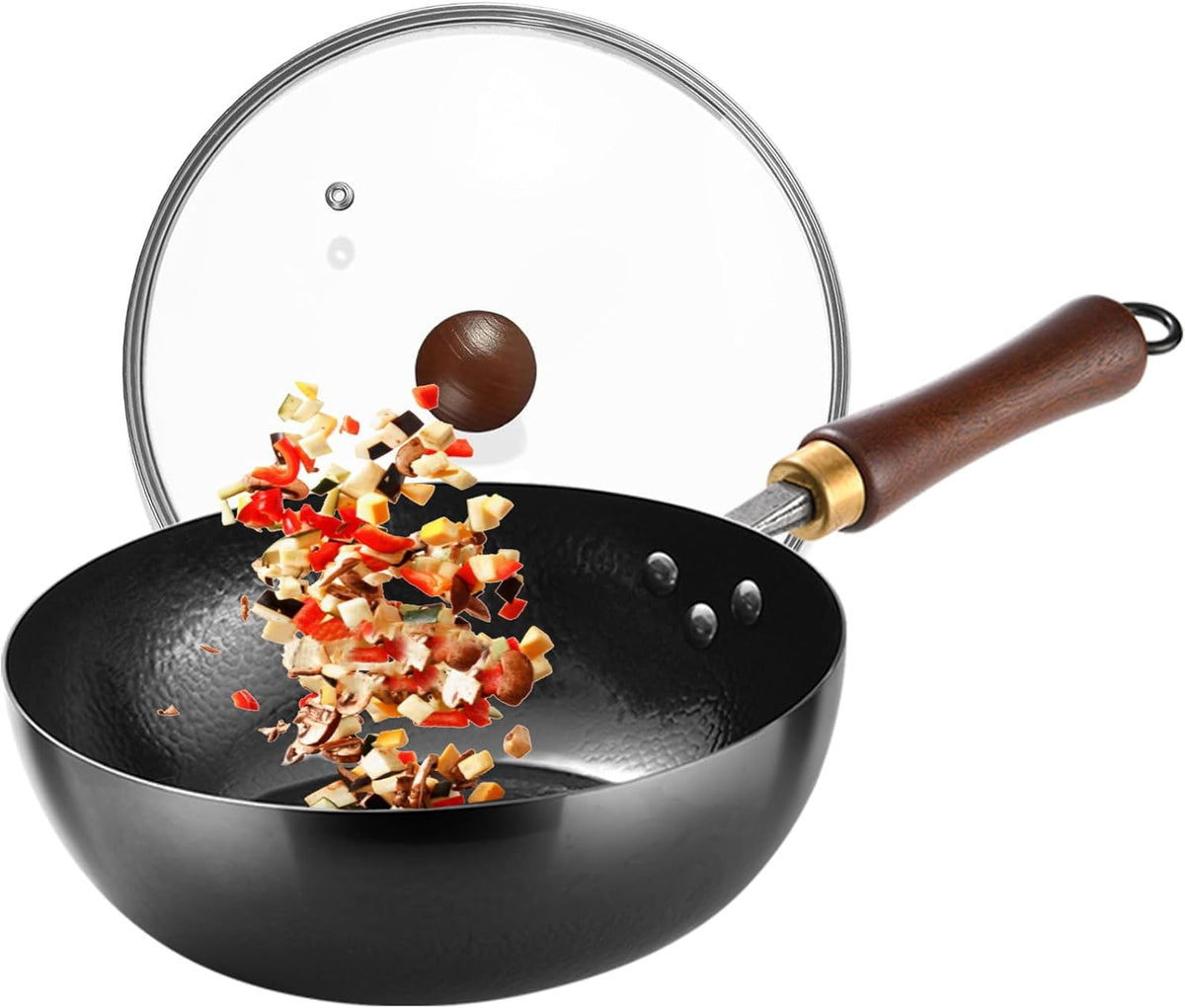 Carbon Steel Wok Pan, 10.2 “ Woks & Stir-Fry Pans with Wooden Lid Cookwares, Nonstick Wok, No Chemical Coated Flat Bottom Hand Hammered Chinese Wok For for Electric, Induction, for All Stoves