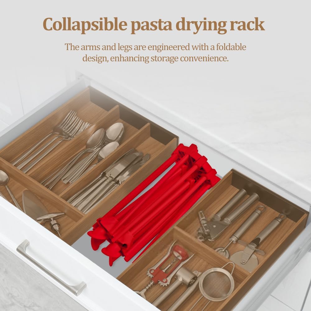 Ourokhome Collapsible Pasta Drying Rack, Plastic Foldable Homemade Fresh Spaghetti Stand Dryer Noodle Hanger for Kitchen with 10 Arms, Stable, Easy Storage, Quickly Set Up (Red)