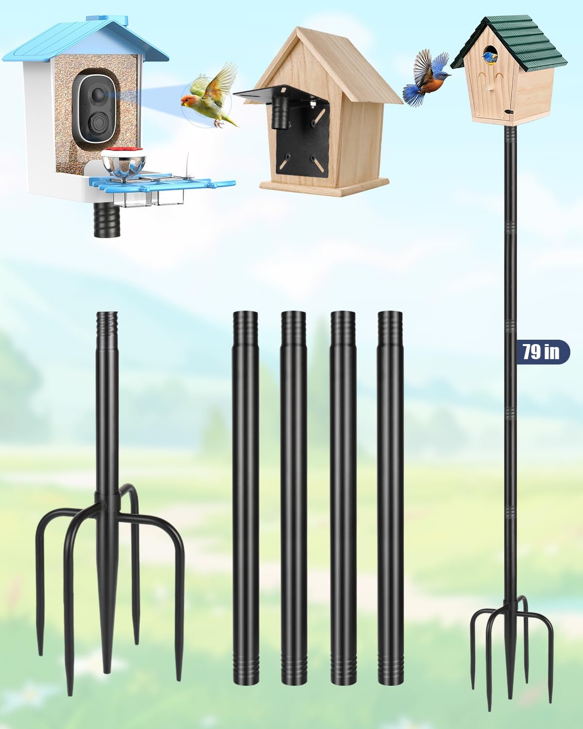 Smart Bird Feeder Pole Stand, 79 Inch Heavy Duty Bird House Pole for Outdoors Adjustable Mounting Pole for Smart Bird Feeder with 1 Inch Dia Bird Feeder Post Weather Station, Black