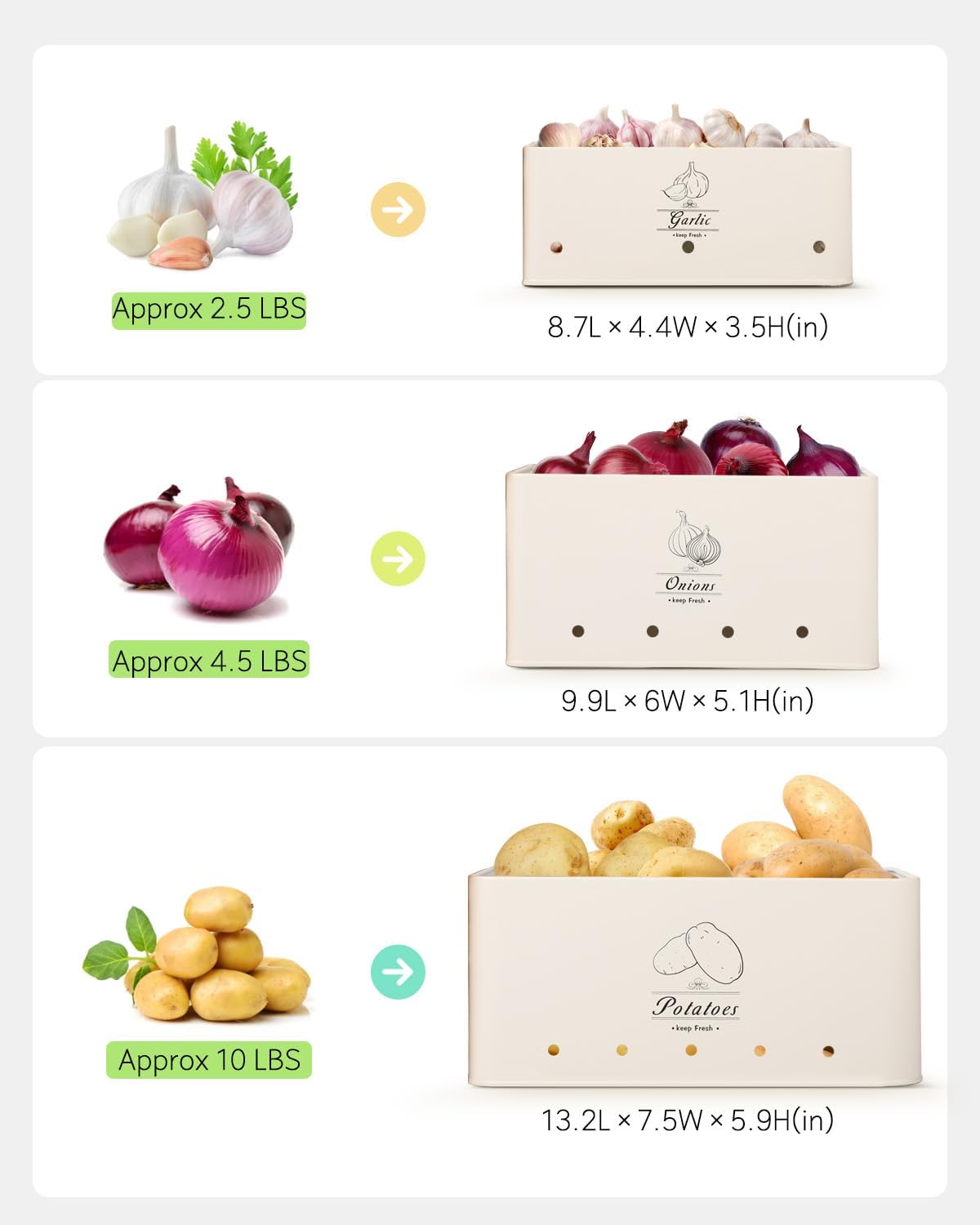 Kitchen Vegetable Storage Tins Set of 3 for Potatoes, Onion, Garlic, Vegetable Storage Containers with Ventilation and Bamboo cover, White metal material, Potato and Onion bin for Pantry