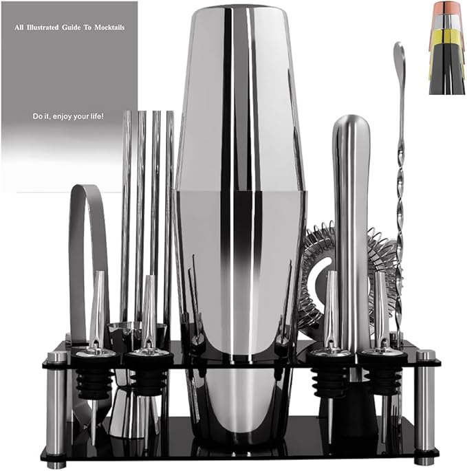 Professional Cocktail Shaker Set with Stand Cocktail Recipes, 15-Piece 750/600ml Bartender Kit, Bar Sets Bartending Kit Bar Tool Set 25/20oz Boston Shakers, Jigger, Muddler (Silver)