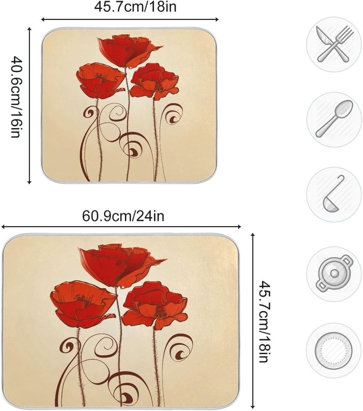 senya Super Absorbent Dish Drying Mat, Microfiber Fast-Drying 24''x18'', Kitchen Pad, Red Poppy Flowers Retro,(g289343168p523c558s1114)