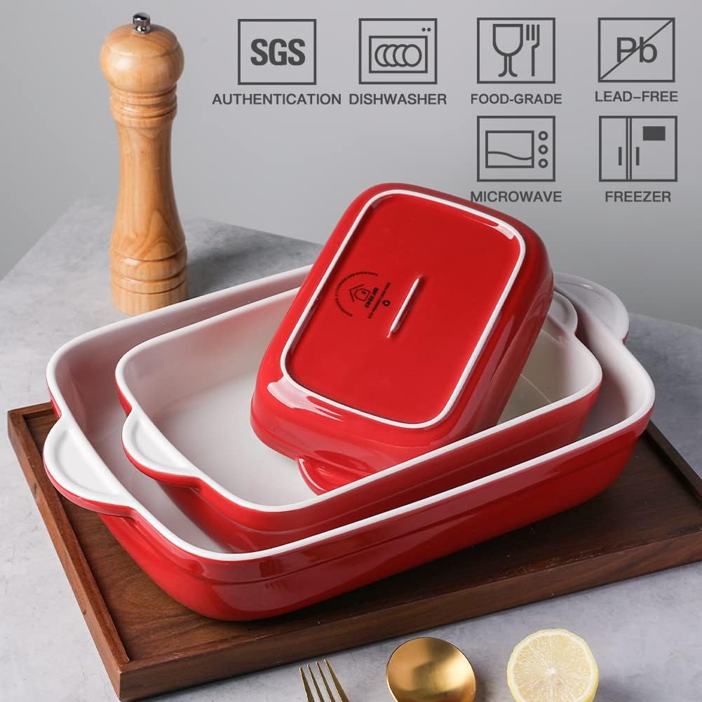 Sweejar Casserole Dishes for Oven, Ceramic Bakeware Set of 3, Lasagna Pan Deep with Handle, Rectangular Baking Pan Set, 9x13 Baking Dish for Cooking, Banquet and Daily Use (Red)