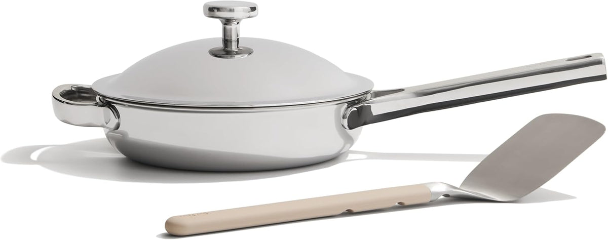 Our Place Titanium Mini Always Pan Pro - 8.5” (1.48 Qt) No-Coating Nonstick Skillet | Tri-Ply Titanium & Stainless Steel | Safe for Oven, Induction & Cooktops up to 1000°F | Includes Spatula | Chrome