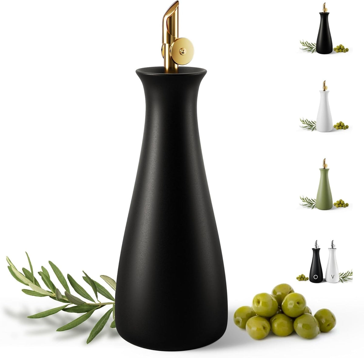 HB Design Co. Ceramic Olive Oil Dispenser with Self-Closing Gold Spout - 530 ML Capacity Matte White Ceramic Oil Dispenser for Kitchen - Leak Proof EVOO Dispensing Bottle