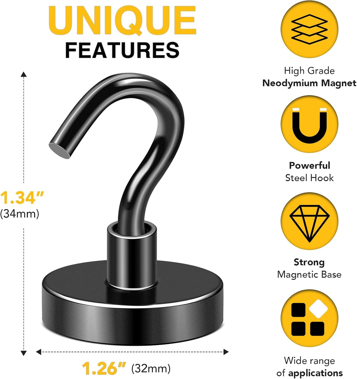 DIYMAG Outdoor Hooks for Hanging String Lights, Balck Magnetic Hooks Strong 118lbs+ Hanging Party Light Wall Cable for Outside Cruise Cabin Refrigerator Fridge Grills Must Have 10PCS