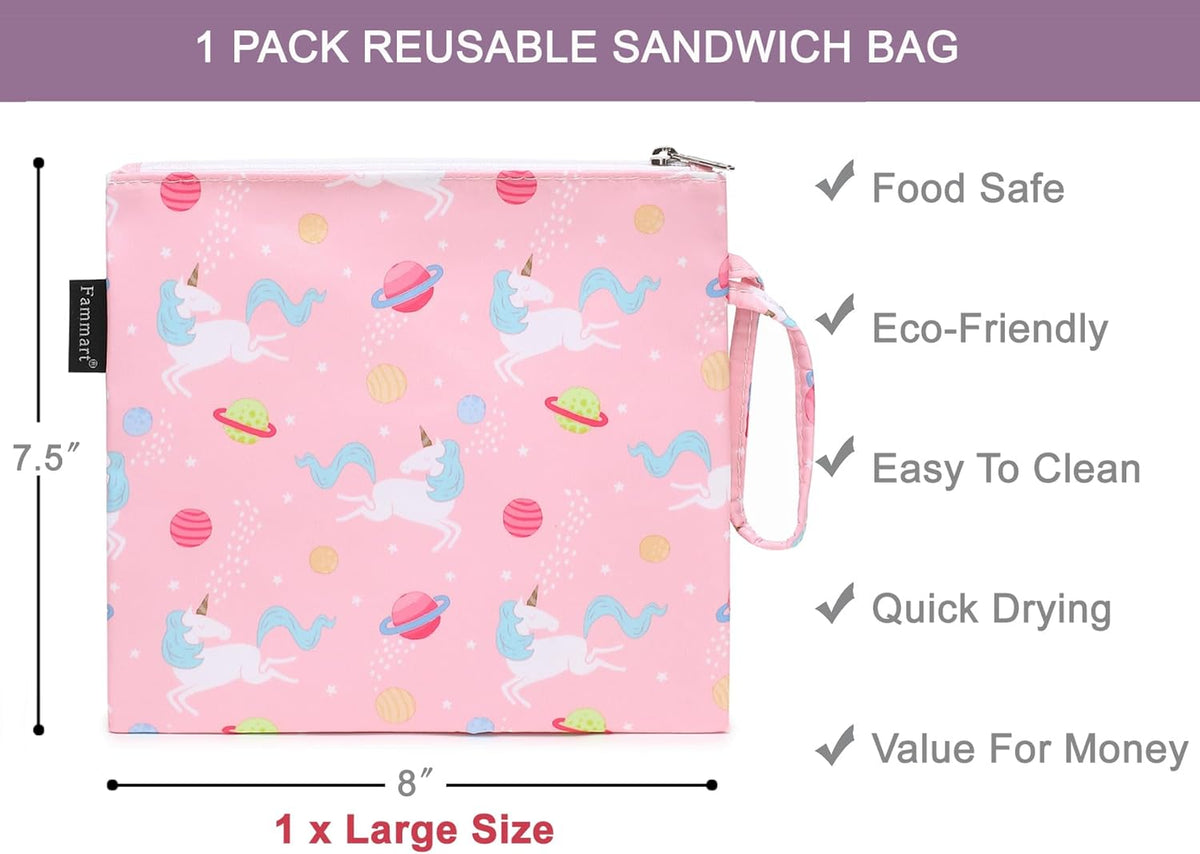 Reusable Sandwich Bag/Snack Bag for Kids & Adults, Dual Layer Lunch Bag with Handle, Washable, Food Safe, BPA Free (1-Pack, Planet Unicorn)