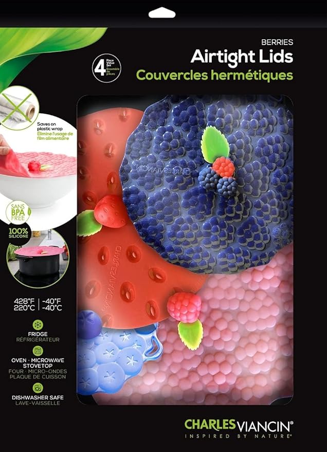 Charles Viancin - Berries Lid Gift-Box - Set of 4 Silicone Lids for Food Storage and Cooking - 11''/28cm + 9''/23cm + 8''/20cm + 4''/10cm - Airtight Seal on Any Smooth Rim Surface