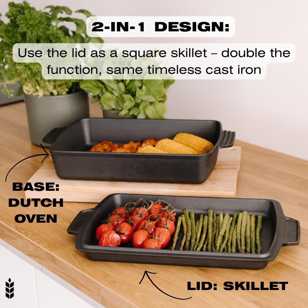 Kuha 2-in-1 Square Cast Iron Dutch Oven, 6 QT – Skillet Lid & Casserole Dish, Pre-Seasoned 13×9 Baking/Roasting Pan, Oven-Grill-Campfire Safe, Comes with Chainmail Scrubber