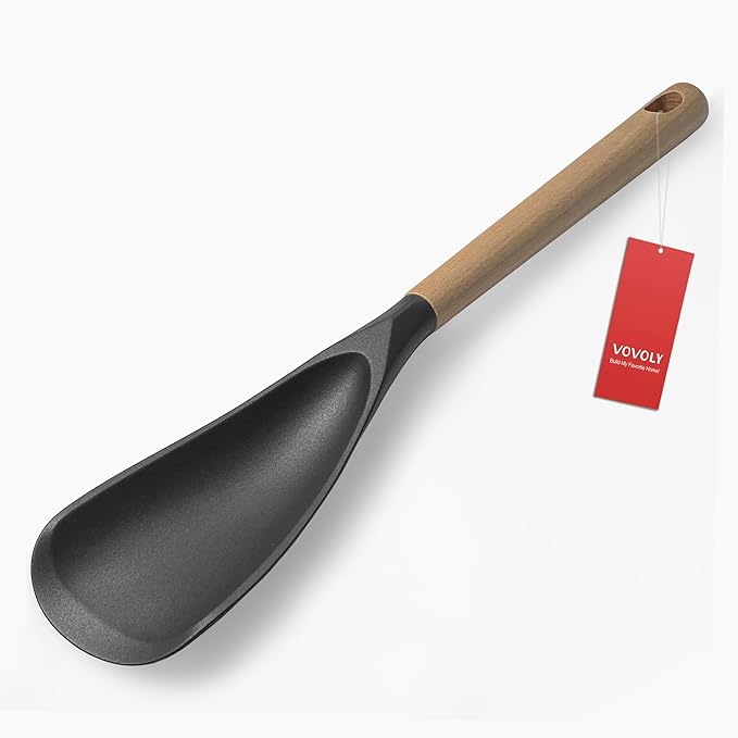 Cooking Spoon for Nonstick Cookingwares with Lengthed Wooden Handle, VOVOLY Silicone Spatula Spoon for Mixing, Scoop, and Scrape, Black, 13.4''