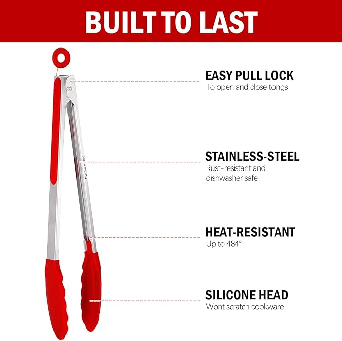 Silicone Kitchen Tongs for Cooking - 9+12 Inch Heat-Resistant Stainless Steel Cooking Tongs with Non-Slip Handle, Non-Scratch Tips for, BBQ, Salad & Air Fryer - 2-PieceRedSet