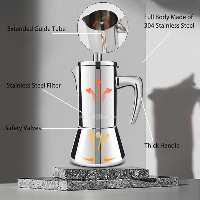 12 Cup Thickened 304 Stainless Steel Moka Pot Stovetop Espresso Maker Cafeteras Italian Percolator Espress Makers Capable Greca Mocha Coffee Machine for Induction Home and Camping 600ml 20oz