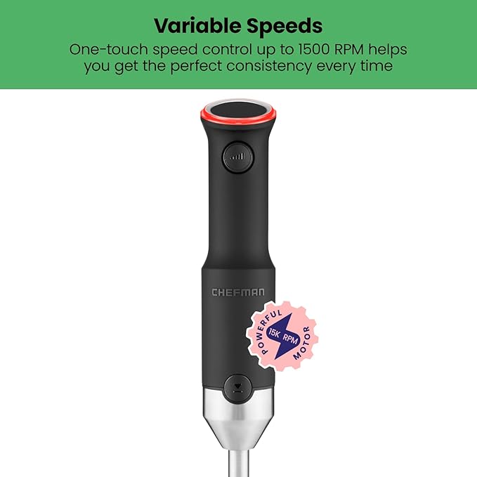 Chefman Cordless Power Portable Immersion Blender, Ice Crushing Power with One-Touch Speed Control, USB Charging, Quickly Mixes Smoothies, Purees Soups, Dips, Sauces, Storage Case, Stainless Steel
