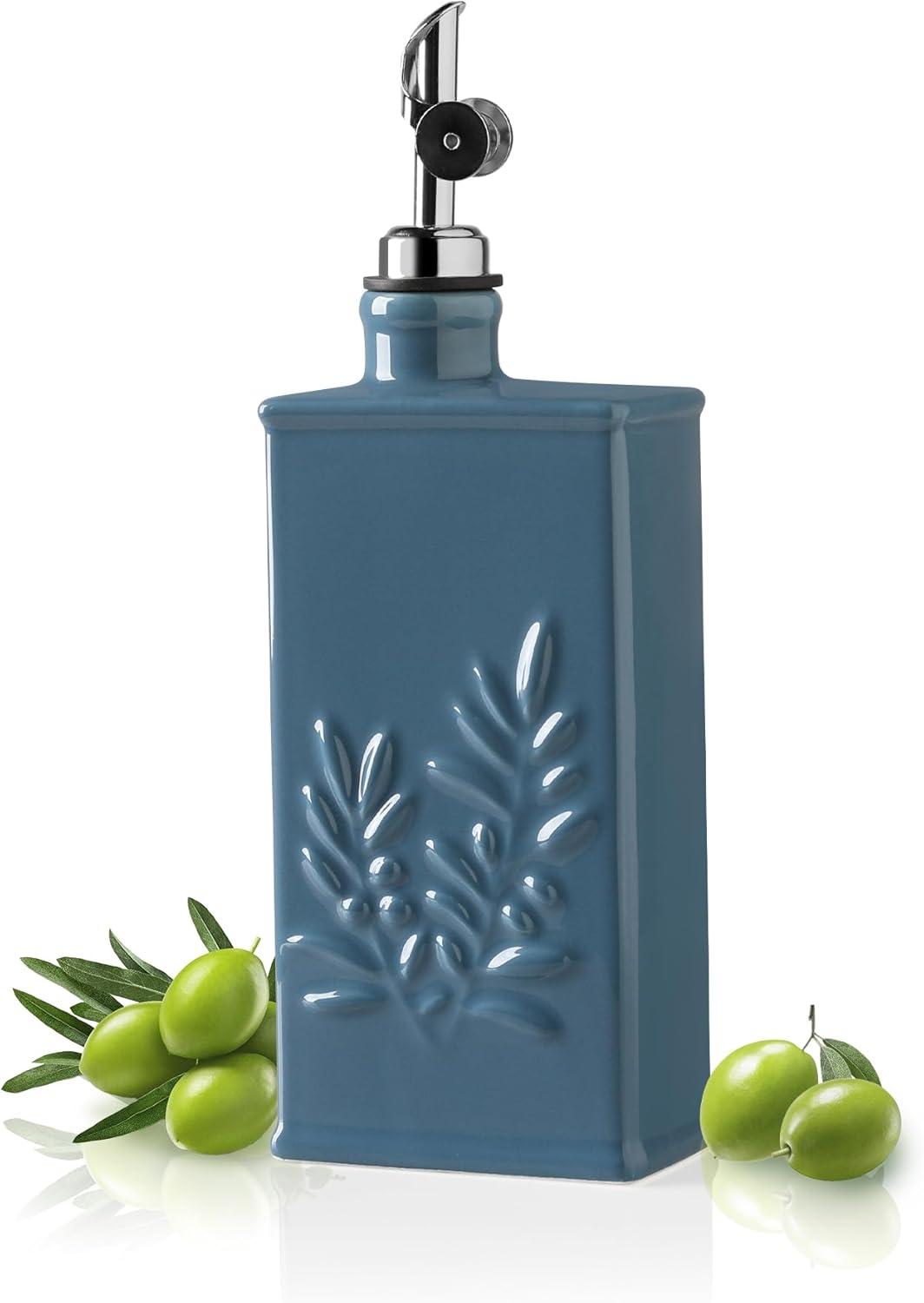 Sweejar Ceramic Olive Oil Dispenser Bottle for Kitchen, 17 Oz Relief Opaque Oil and Vinegar Dispenser Bottle with Spout, Suitable for Soy Sauce, Coffee Syrup, Liquids (Fogblue)