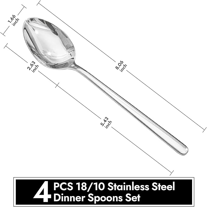 KINGSTONE Dinner Spoons Set of 4, 8 Inch 18/10 Stainless Steel Spoons Cutlery Table Spoon for Home, Kitchen & Restaurant, Dishwasher Safe