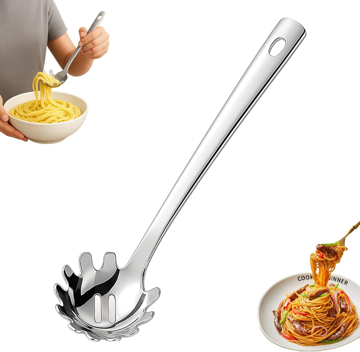 Stainless Steel Pasta Spoon with Teeth Pasta Server & Spaghetti Spoon with Drain Holes for Noodles, Pasta, Cooking & Serving (Silver)