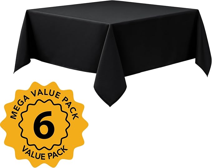 6-Pack Black Tablecloths for Square Tables, 70 x 70 Inches, Stain-Resistant Polyester Fabric for 3 Foot Tables - Washable Table Covers for Weddings, Banquets, Birthday Parties, Events
