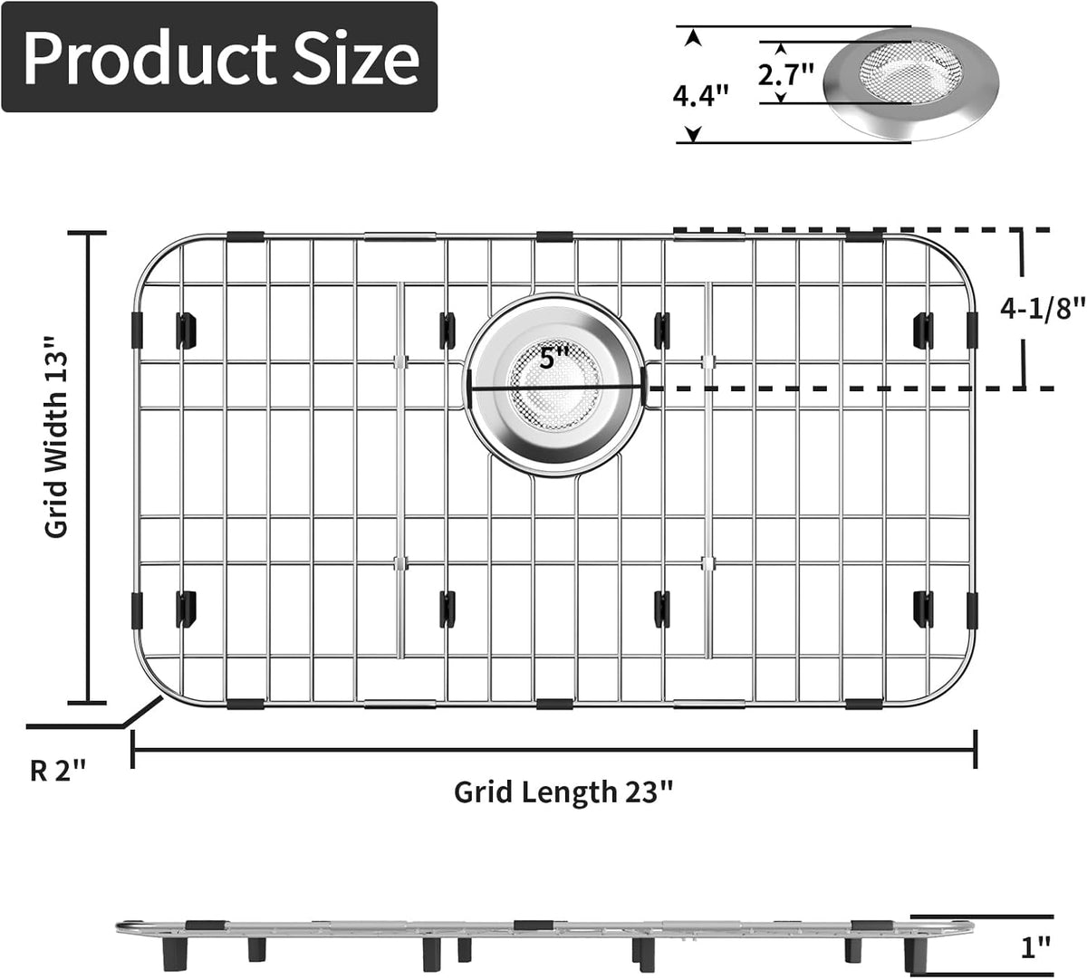 23’’ x 13’’ Stainless Steel Sink Grid, Sink Protectors for Kitchen Sink, Sink Protector with Rear Drain for Single Sink Bowl, Sink Bottom Grid, Sink Grate for Bottom with Sink Strainer