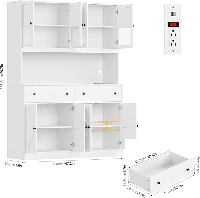 FINETONES 71" Pantry Cabinet with LED Light and Charging Station, Farmhouse Kitchen Pantry Cabinet with Microwave Stand, 47.2" Wide Kitchen Hutch Food Pantry with Open Countertop, White