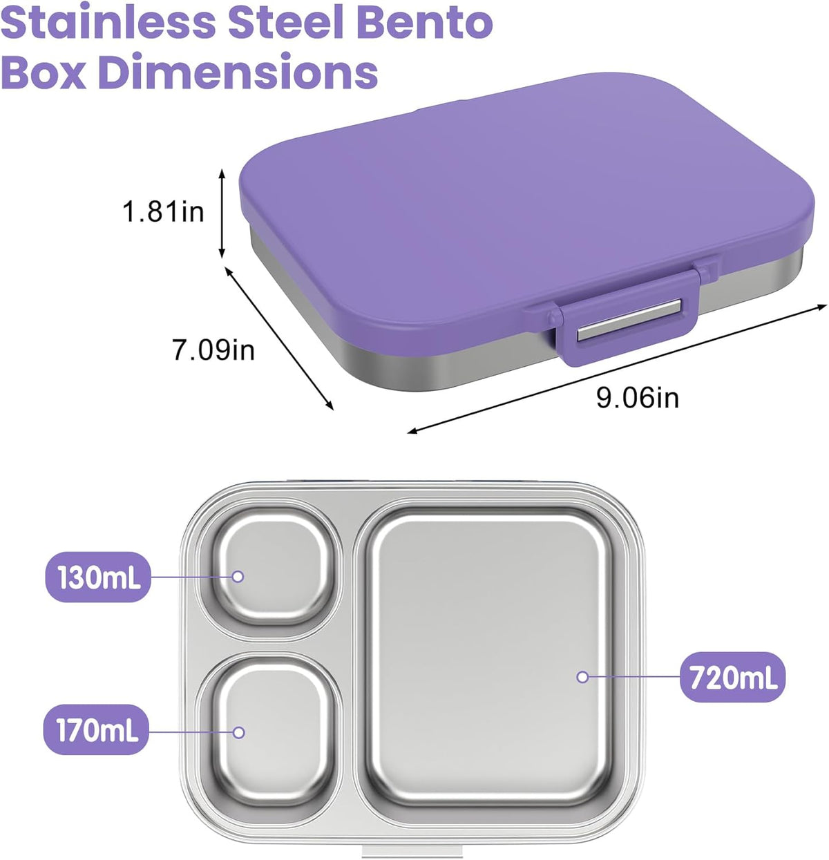 Stainless Steel Bento Lunch Box for Kids | 3-Compartment Lunch Box Container Kids | 100% Leakproof, Dishwasher-Safe, Eco-Friendly, Perfect Portion Control for Kids&Adult Healthy Meals (Purple)