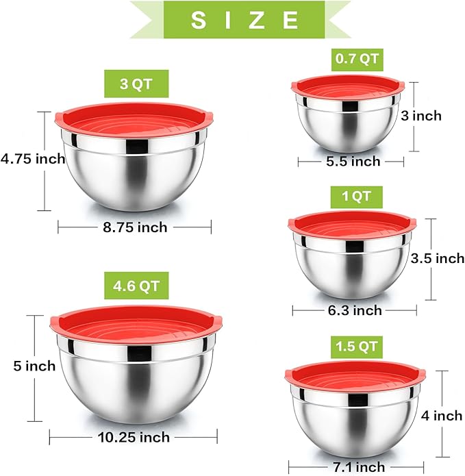 P&P CHEF Mixing Bowls with Airtight Lids Set of 5, 10-Piece Stainless Steel Mixing Nesting Bowl, Metal Bowl with Lid for Kitchen Prepping & Storing, Size 4.6, 3, 1.5, 1, 0.7 QT, Red
