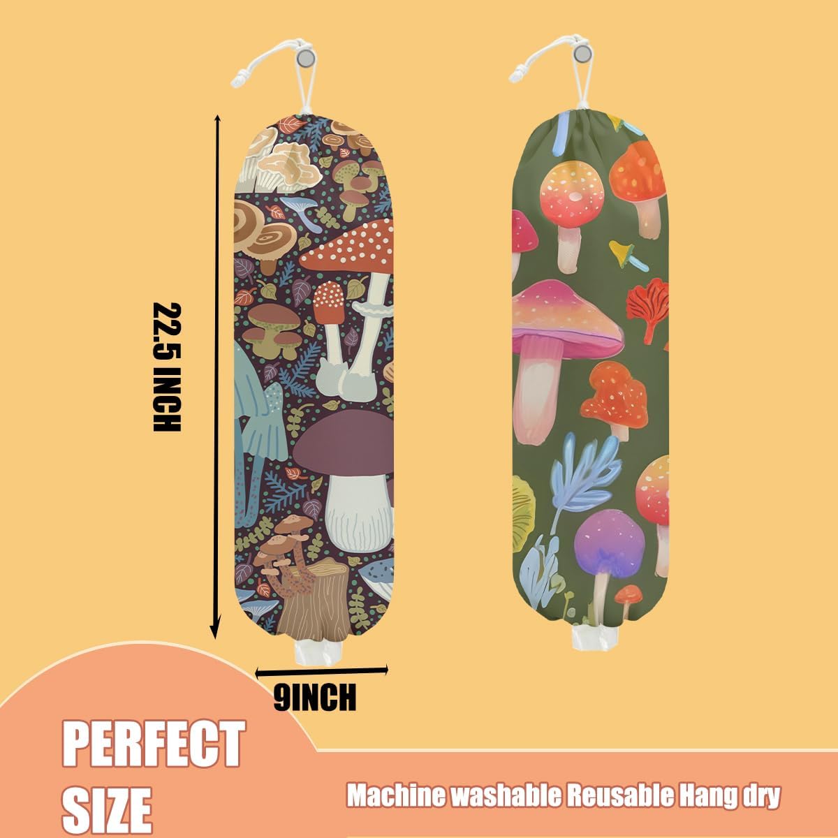 2 Pcs Mushroom Plastic Bag Holder, Wall Mount Grocery Bag Holder for Plastic Storage bag, Large Reusable Grocery Bags Storage Dispenser for Home Kitchen, Cute Mushroom Gifts for Women Wife Grandma
