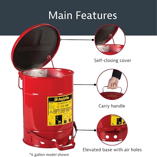 Justrite 6 Gallon Galvanized Steel Oily Waste Can, 16" x 12" Metal Oil Rag Safety Can With Foot Operated Self-Closing Lid for Oil Rag Disposal, Made in the USA, Red, 09100