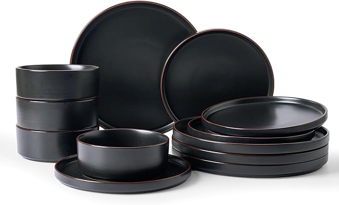 Famiware Nebula Ridge Stoneware Dinnerware Sets, Plates and Bowls Sets for 4, 12 Pieces Dishes Set, Microwave and Dishwasher Safe Kitchen Plates, Matte Black