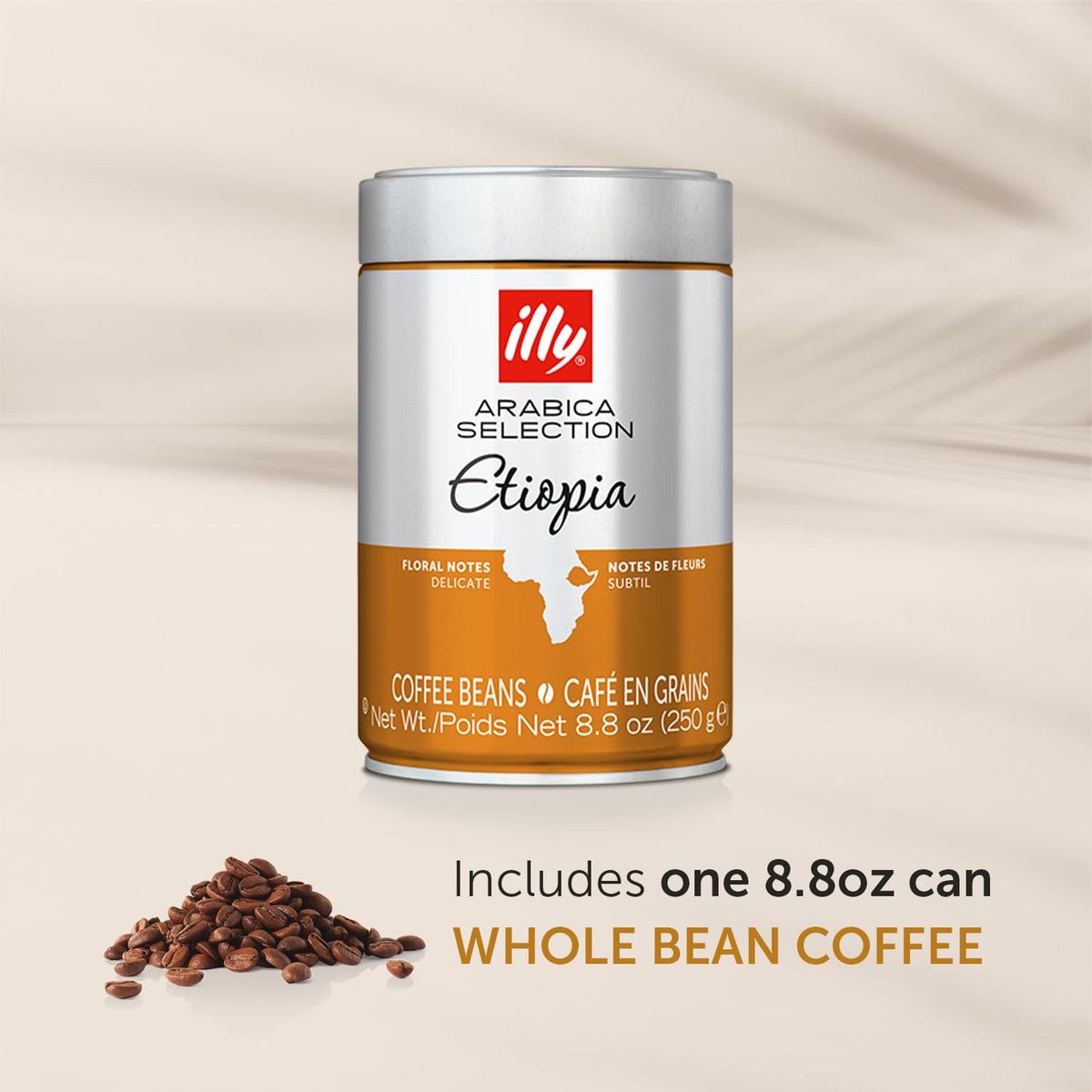 illy Arabica Selections Ethiopia Whole Bean Coffee, 100% Arabica Bean Single Origin Coffee, Light Roast with Notes of Jasmine, All-Natural, No Preservatives, 8.8 Ounce Can (Pack of 1)