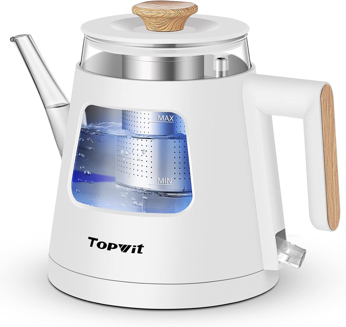 TOPWIT Electric Kettle, 1.0L Electric Tea Kettle with Removable Stainless Steel Infuser, BPA-Free Electric Glass Kettle with Window, Double Wall Water Warmer, Gooseneck, Auto-shut Off, White