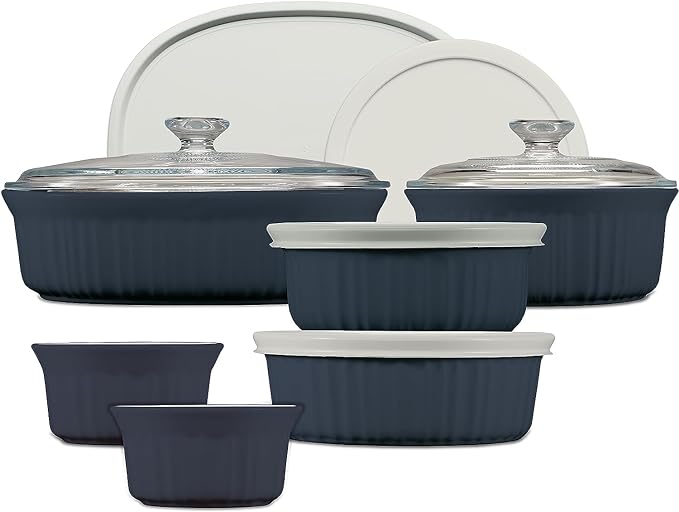 CorningWare Ceramic Bakeware Set with Lids Chip and Crack Resistant Stoneware Baking Dish, Microwave, Dishwasher, Oven, Freezer and Fridge Safe, 12-Piece French Navy