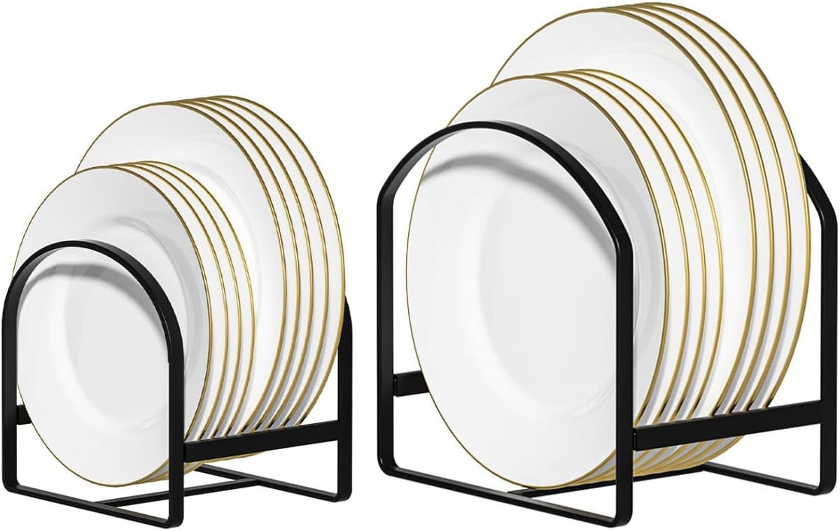 LINFIDITE 2 Pack Kitchen Plate Holder Organizer for Cabinet Space Saver Dinner Plate Storage Rack Upright Dish Drying Racks Metal Dish Stand for Cupboard Countertop Rustproof Black (1 Large 1 Small)