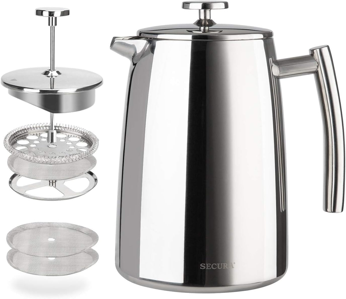 Secura French Press Coffee Maker, 34-Ounce, 304 Stainless Steel Insulated Coffee Press with Extra ScreenSecura French Press Coffee Maker, 34-Ounce, 304 Stainless Steel Insulated Coffee Press with Extra Screen