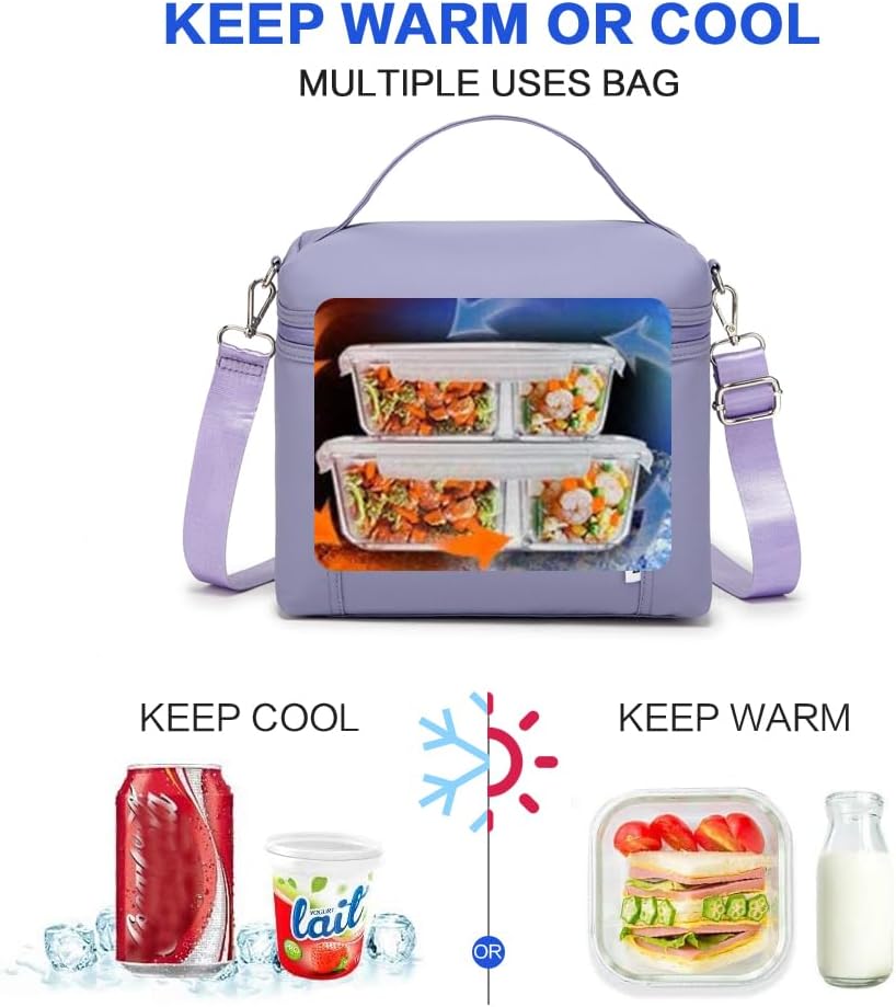NOL Natural Organic Lifestyle Insulated Lunch Bags for Women Cooler Bag Lightweight Nylon Waterproof Lunch Box For Work (Light purple, Medium(normal))