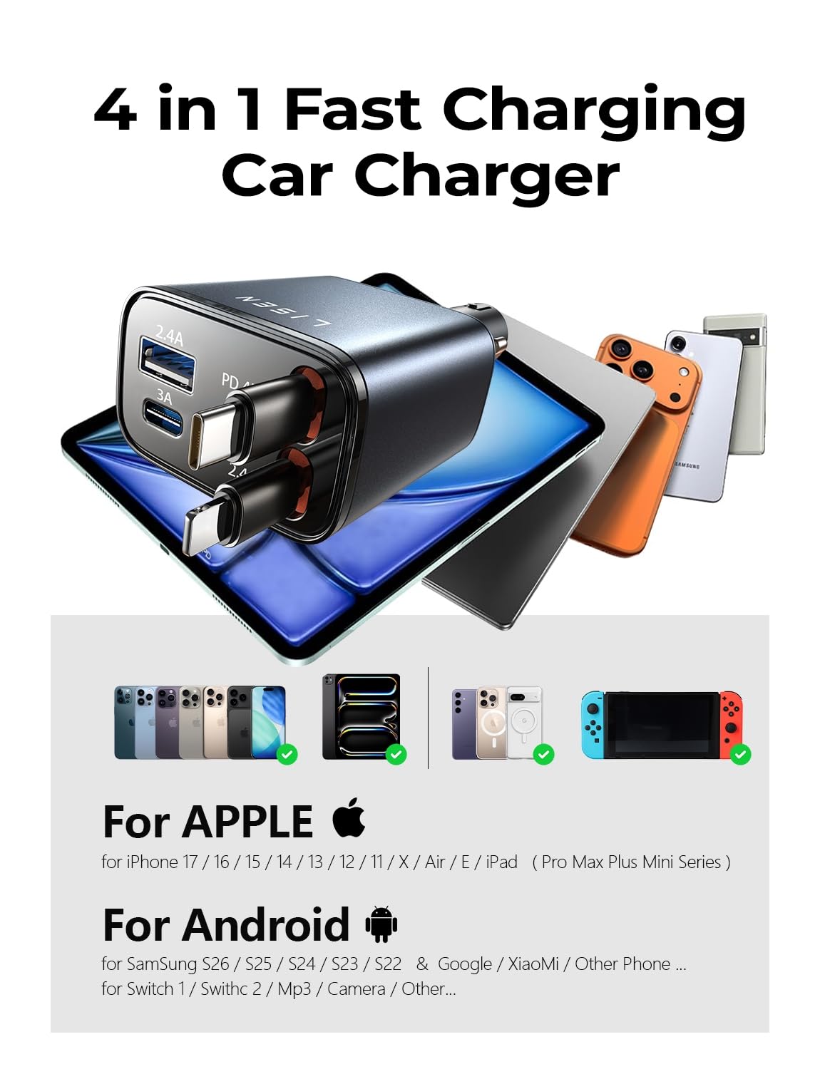 LISEN Retractable Car Charger, 84W Car Charger USB C Fast Charge, 4 in 1