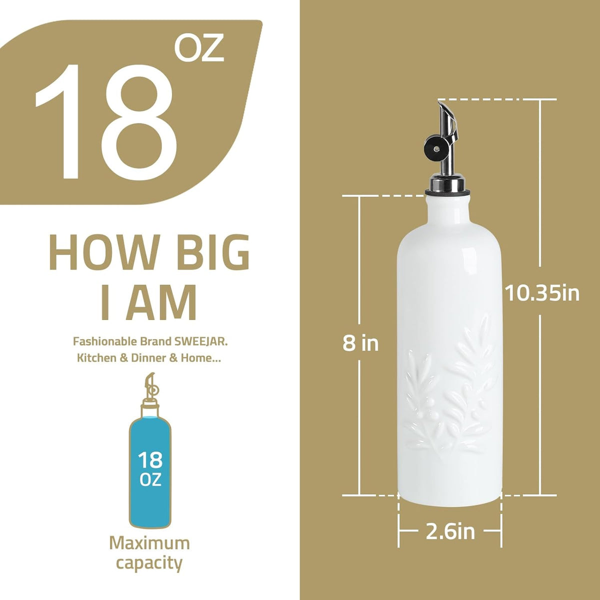Sweejar 18 Oz Oil Dispenser for Kitchen with Gravity Spout, Ceramic Olive Oil Dispenser Bottle, Relief Opaque Vinegar Container for Evoo, Vinegar, Soy Sauce, Pack of 1(Fogbule, Gold Spout)
