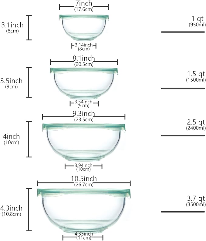 Luvan Glass Mixing Bowl with Airtight Lids, (1QT, 1.5QT, 2.5QT, 3.7QT), 8-piece Kitchen Salad Bowls Clear Nesting Big Cooking Bowl, Microwave Oven Safe for Meal Prep,storage,Baking,Serving