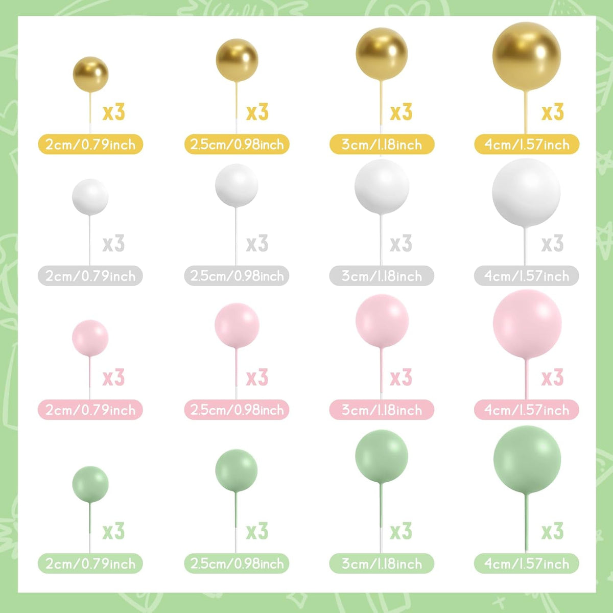 48 Pcs Balls Cake Topper Decorations Balloon Cupcake Toppers Foam Cake Topper Balls Cake Balls Decorations for Birthday Party Wedding Cake Decorating(Green,Pink,White,Gold)