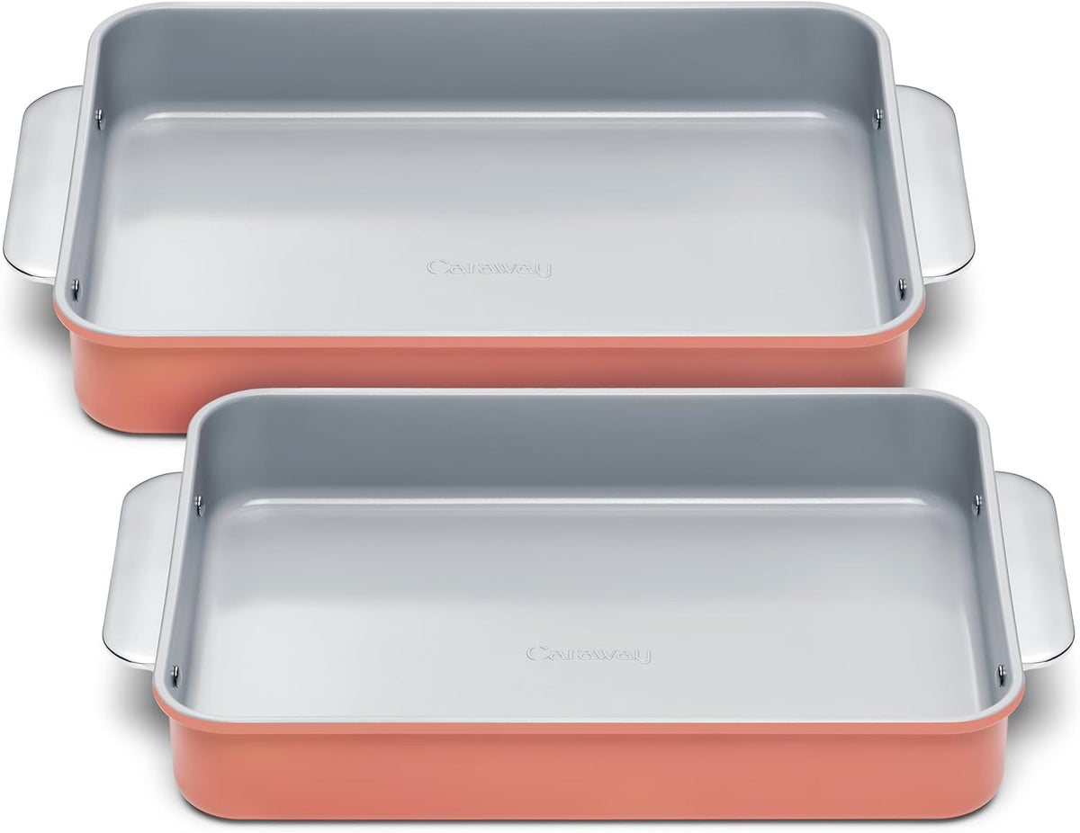 Caraway Non-Stick Ceramic 9”x13” Rectangle Pan Duo - Naturally Slick Ceramic Coating - Non-Toxic, PTFE & PFOA Free - Perfect for Brownies, Lasagnas, and More - Perracotta